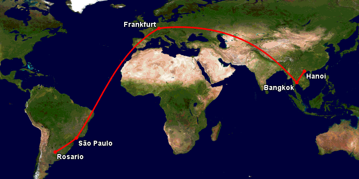 Bay từ Hà Nội đến Rosario qua Bangkok, Frankfurt, Sao Paulo