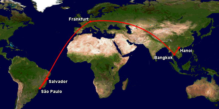 Bay từ Hà Nội đến Salvador qua Bangkok, Frankfurt, Sao Paulo
