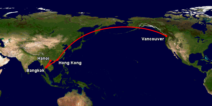 Bay từ Hà Nội đến Vancouver qua Bangkok, Hong Kong