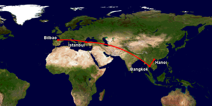Bay từ Hà Nội đến Bilbao qua Bangkok, Istanbul