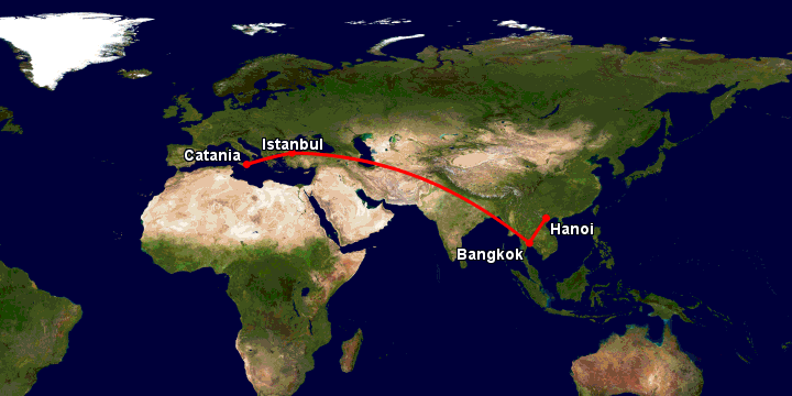 Bay từ Hà Nội đến Catania qua Bangkok, Istanbul