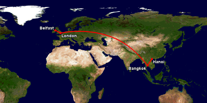 Bay từ Hà Nội đến Belfast qua Bangkok, London