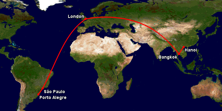 Bay từ Hà Nội đến Porto Alegre qua Bangkok, London, Sao Paulo