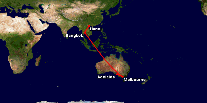 Bay từ Hà Nội đến Adelaide qua Bangkok, Melbourne