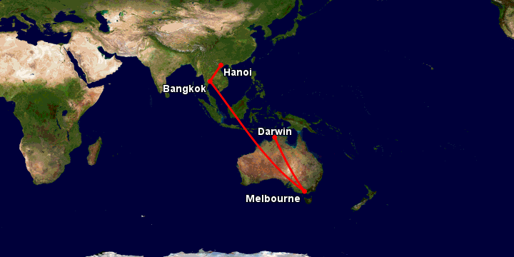 Bay từ Hà Nội đến Darwin qua Bangkok, Melbourne