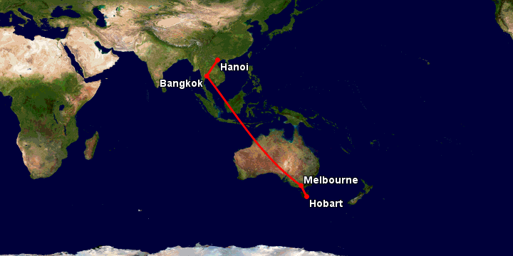 Bay từ Hà Nội đến Hobart qua Bangkok, Melbourne