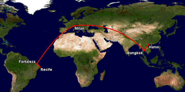 Bay từ Hà Nội đến Recife qua Bangkok, Milan, Fortaleza