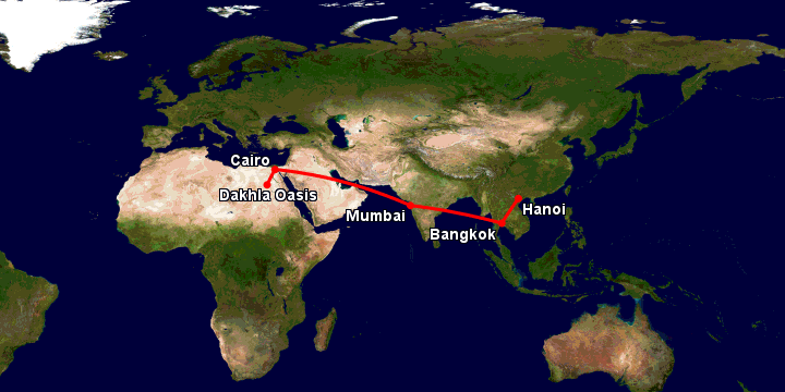 Bay từ Hà Nội đến Dakhla Oasis qua Bangkok, Mumbai, Cairo