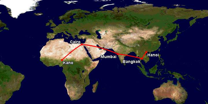 Bay từ Hà Nội đến Kano qua Bangkok, Mumbai, Cairo
