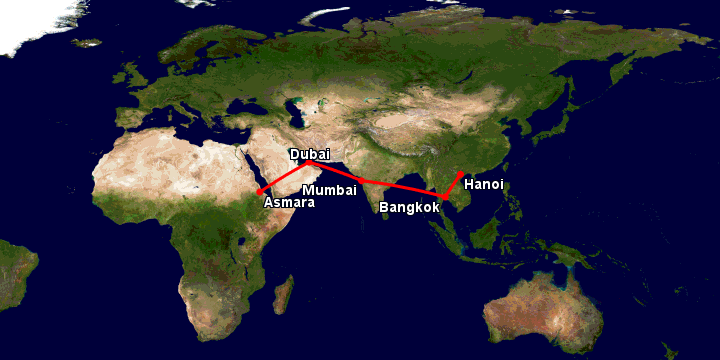 Bay từ Hà Nội đến Asmara qua Bangkok, Mumbai, Dubai