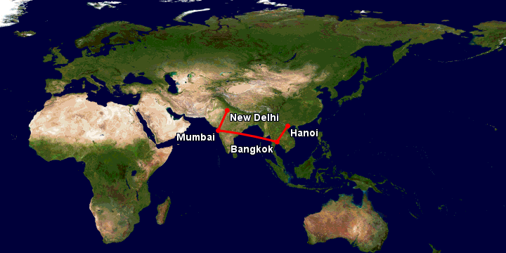 Bay từ Hà Nội đến Delhi qua Bangkok, Mumbai, New Delhi