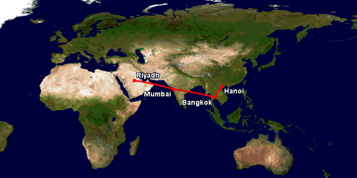 Bay từ Hà Nội đến Riyadh qua Bangkok, Mumbai, Riyadh