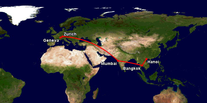 Bay từ Hà Nội đến Geneva qua Bangkok, Mumbai, Zürich