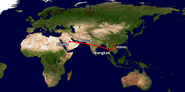 Bay từ Hà Nội đến Riyadh qua Bangkok, Muscat, Riyadh