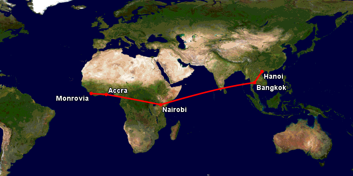 Bay từ Hà Nội đến Monrovia Rob qua Bangkok, Nairobi, Accra
