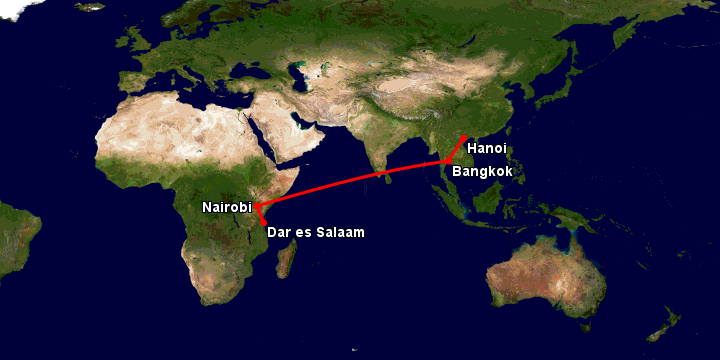 Bay từ Hà Nội đến Dar Es Salaam qua Bangkok, Nairobi