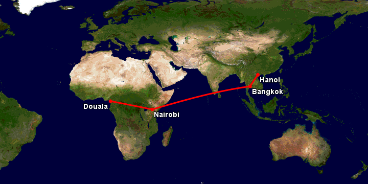 Bay từ Hà Nội đến Douala qua Bangkok, Nairobi