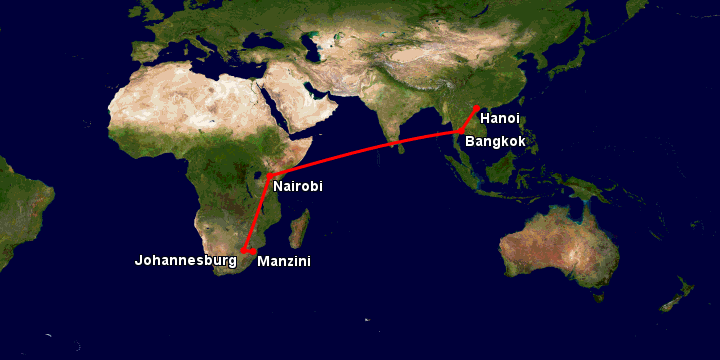 Bay từ Hà Nội đến Manzini qua Bangkok, Nairobi, Johannesburg
