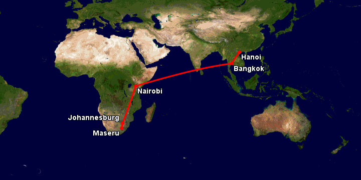 Bay từ Hà Nội đến Maseru qua Bangkok, Nairobi, Johannesburg