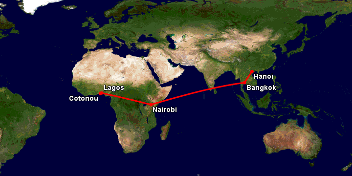 Bay từ Hà Nội đến Cotonou qua Bangkok, Nairobi, Lagos