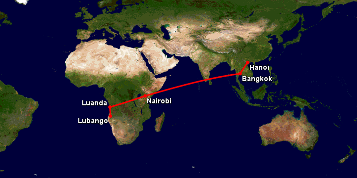 Bay từ Hà Nội đến Lubango qua Bangkok, Nairobi, Luanda