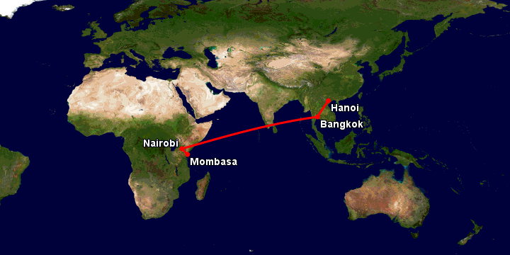 Bay từ Hà Nội đến Mombasa qua Bangkok, Nairobi