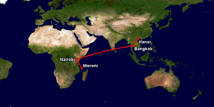 Bay từ Hà Nội đến Moroni Hahaya qua Bangkok, Nairobi