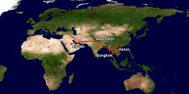 Bay từ Hà Nội đến Riyadh qua Bangkok, New Delhi, Riyadh
