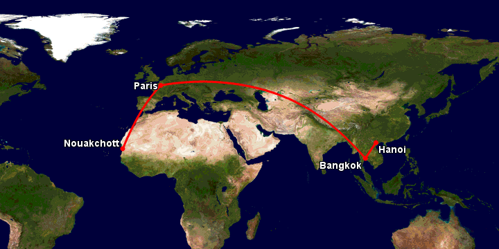 Bay từ Hà Nội đến Nouakchott qua Bangkok, Paris