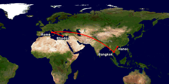 Bay từ Hà Nội đến Rhodes qua Bangkok, Rome