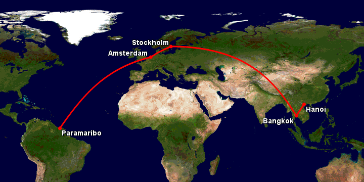Bay từ Hà Nội đến Paramaribo qua Bangkok, Stockholm, Amsterdam
