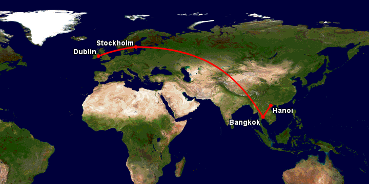 Bay từ Hà Nội đến Dublin qua Bangkok, Stockholm