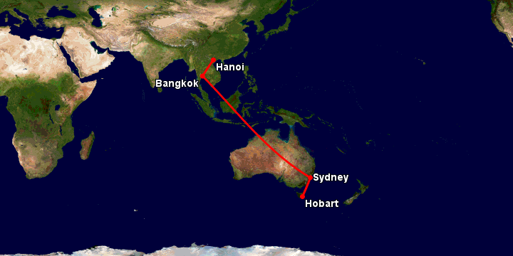 Bay từ Hà Nội đến Hobart qua Bangkok, Sydney