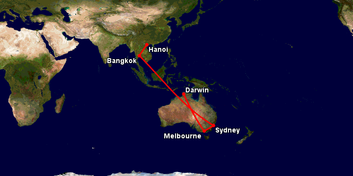 Bay từ Hà Nội đến Darwin qua Bangkok, Sydney, Melbourne