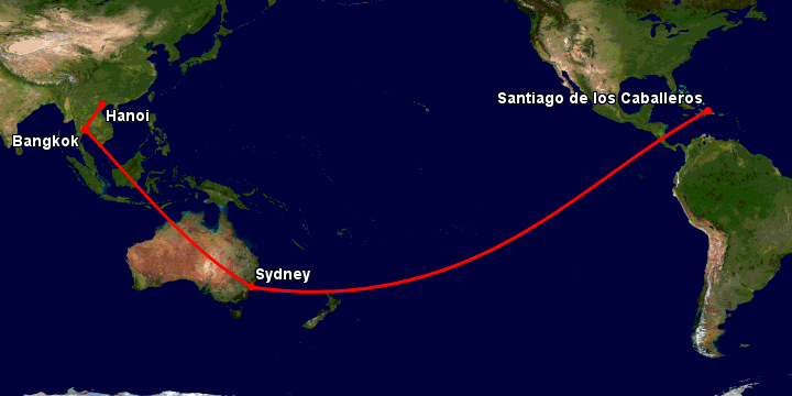 Bay từ Hà Nội đến Santiago Do qua Bangkok, Sydney
