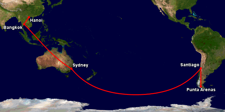 Bay từ Hà Nội đến Punta Arenas qua Bangkok, Sydney, Santiago