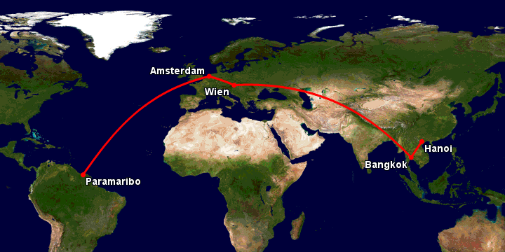 Bay từ Hà Nội đến Paramaribo qua Bangkok, Vienna, Amsterdam