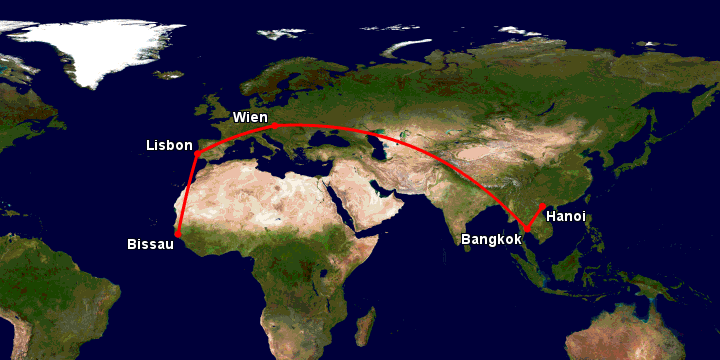Bay từ Hà Nội đến Bissau qua Bangkok, Vienna, Lisbon