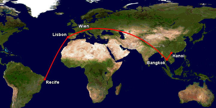 Bay từ Hà Nội đến Recife qua Bangkok, Vienna, Lisbon