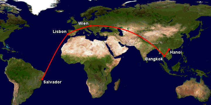 Bay từ Hà Nội đến Salvador qua Bangkok, Vienna, Lisbon