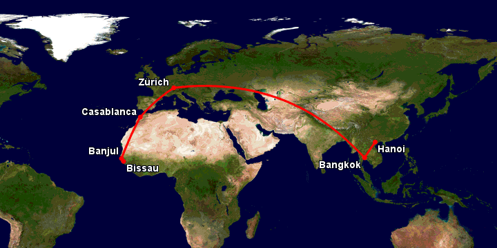 Bay từ Hà Nội đến Bissau qua Bangkok, Zürich, Casablanca, Banjul