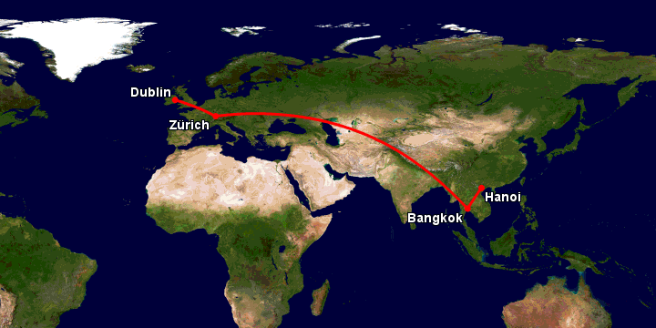Bay từ Hà Nội đến Dublin qua Bangkok, Zürich