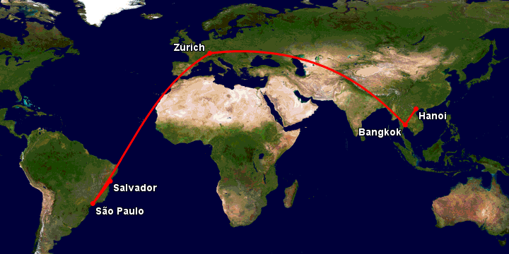Bay từ Hà Nội đến Salvador qua Bangkok, Zürich, Sao Paulo