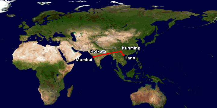 Bay từ Hà Nội đến Mumbai qua Côn Minh, Kolkata, Mumbai