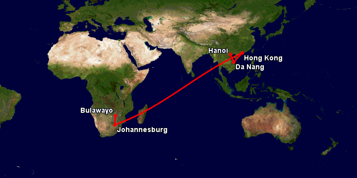 Bay từ Hà Nội đến Bulawayo qua Đà Nẵng, Hong Kong, Johannesburg