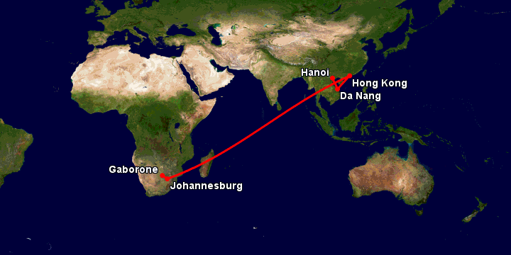 Bay từ Hà Nội đến Gaborone qua Đà Nẵng, Hong Kong, Johannesburg