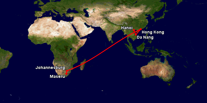 Bay từ Hà Nội đến Maseru qua Đà Nẵng, Hong Kong, Johannesburg