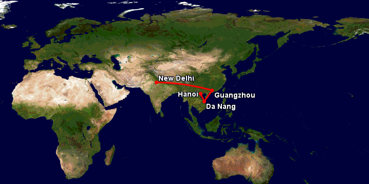 Bay từ Hà Nội đến Delhi qua Đà Nẵng, Quảng Châu, New Delhi