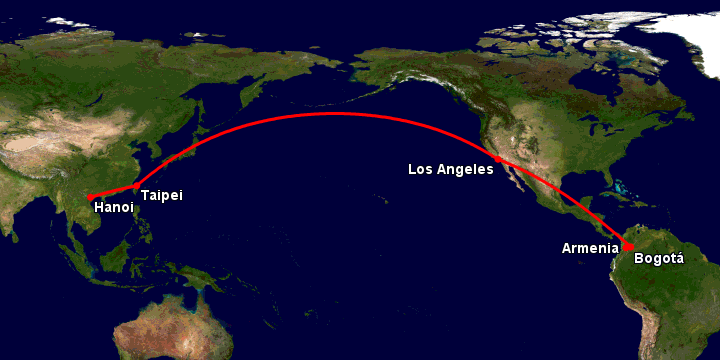 Bay từ Hà Nội đến Armenia qua Đài Bắc, Los Angeles, Bogotá