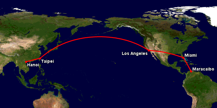 Bay từ Hà Nội đến Maracaibo qua Đài Bắc, Los Angeles, Miami
